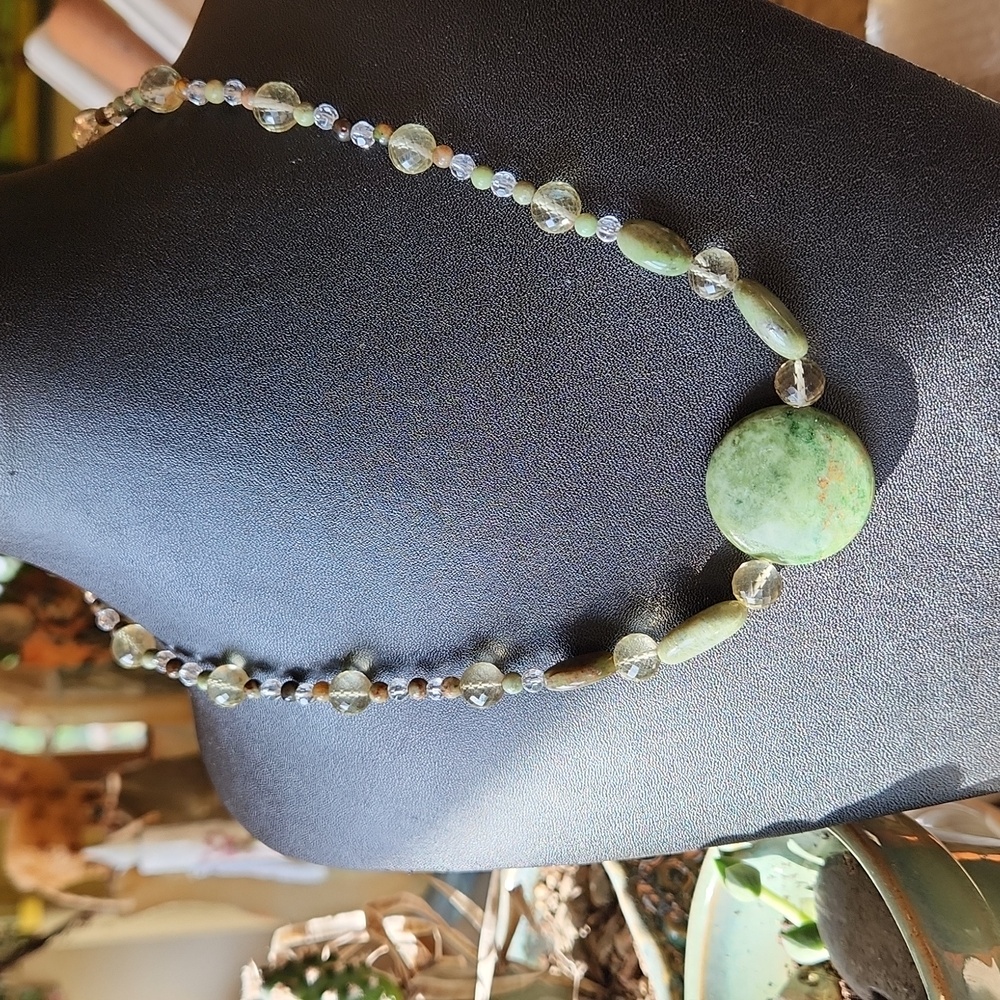 Artisan made Necklace with African jade and quartz.